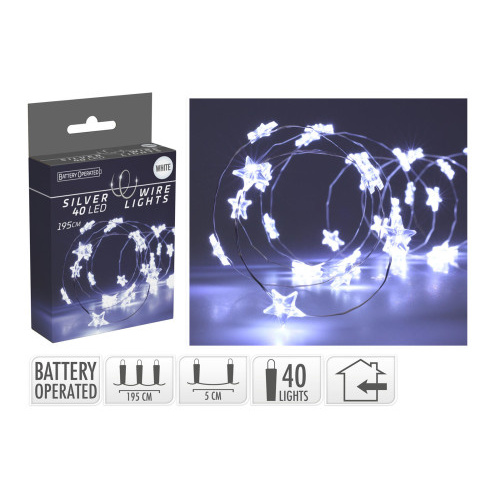 osvětlení vánoční  1,95m 40LED studená BÍ, drát, HVĚZDY