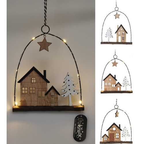 dekorace závěsná DOMEČEK 6LED, 20,5cm kov/dřevo mix