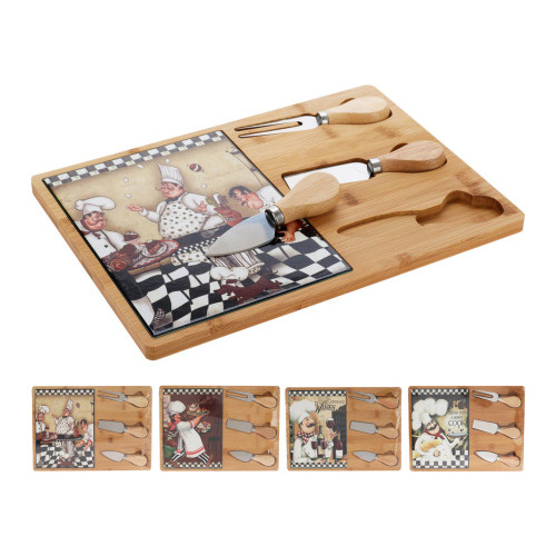 prkénko na sýr 30,5x21,5x1,2cm,2xnůž,1xvidlička,bambus/keramika,mix dekorů