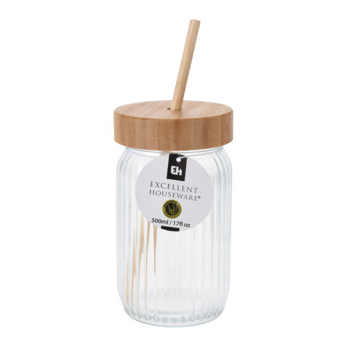 sklenice 500ml s víčkem a brčkem bambus/sklo