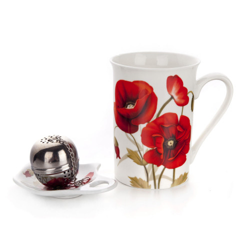 hrnek 340ml RED POPPY,tácek keramický,čajítko nerez sada 3díl.