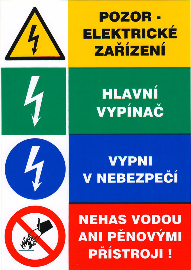 tabulka - POZOR EL.ZAŘ,HLAVNÍ VYP.,VYPNI V NEBEZP.,NEHAS 148x210mm