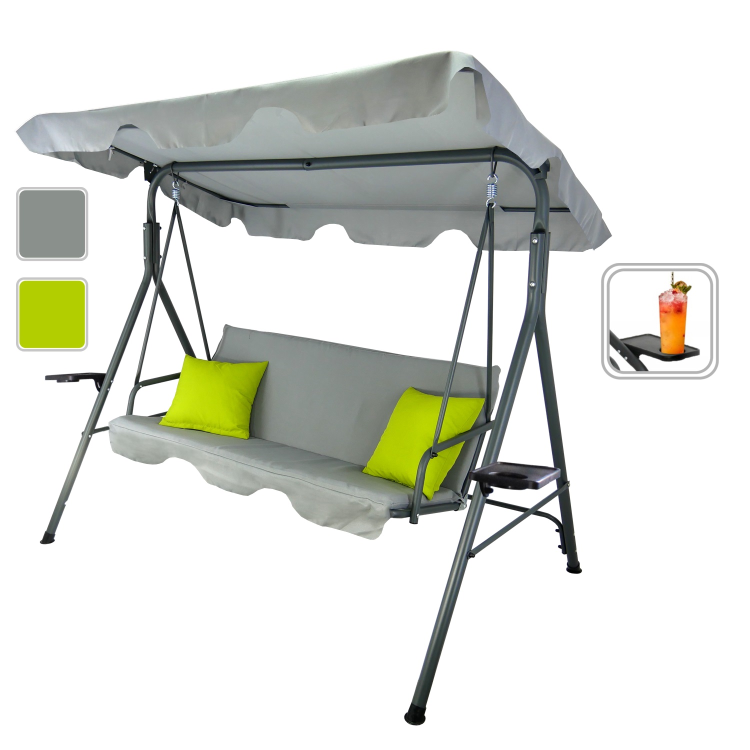 Gardenline Zahradní houpačka A-TYPE 170 x 118 x 153 cm šedá + limetkové polštáře a stojánky na šálek