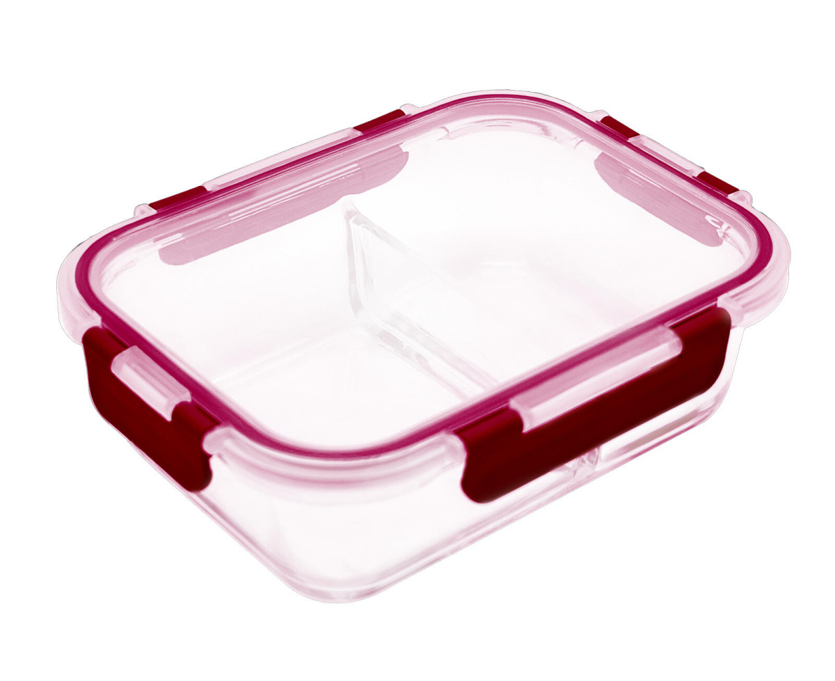 dóza LORA obdél. dělená 1,3l 23,5x18x7,5cm skl.+PP víčko TRA/BORDO